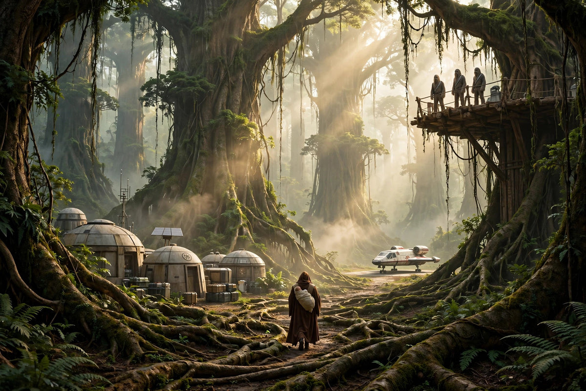 A Jedi carries the infant Battle Master out of a Kashyyyk research clearing beneath the wroshyr trees