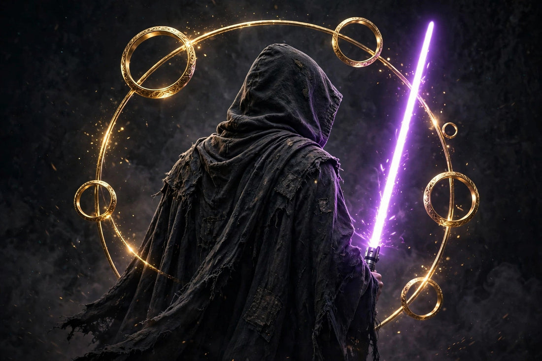Force Elite hooded Battle Master with purple lightsaber and gold rings
